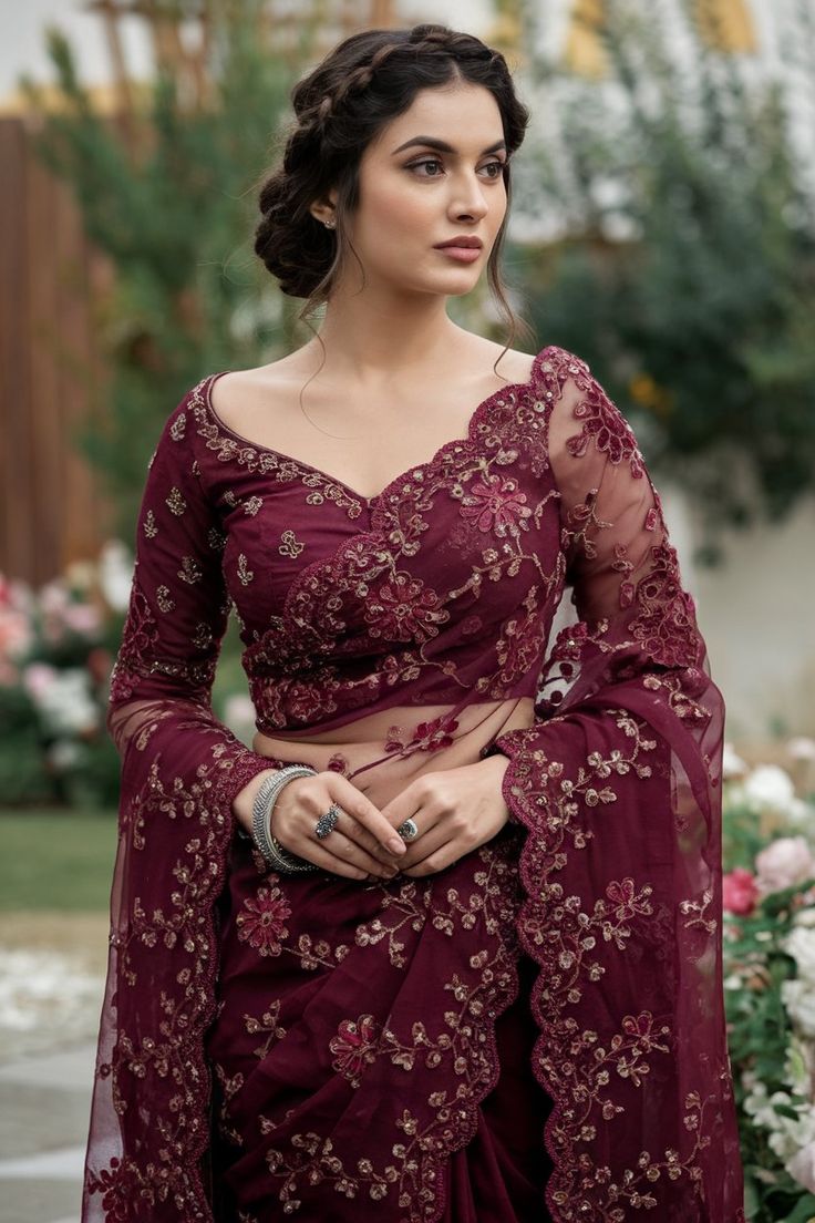 Wine Saree in Net fabric with Embroidered